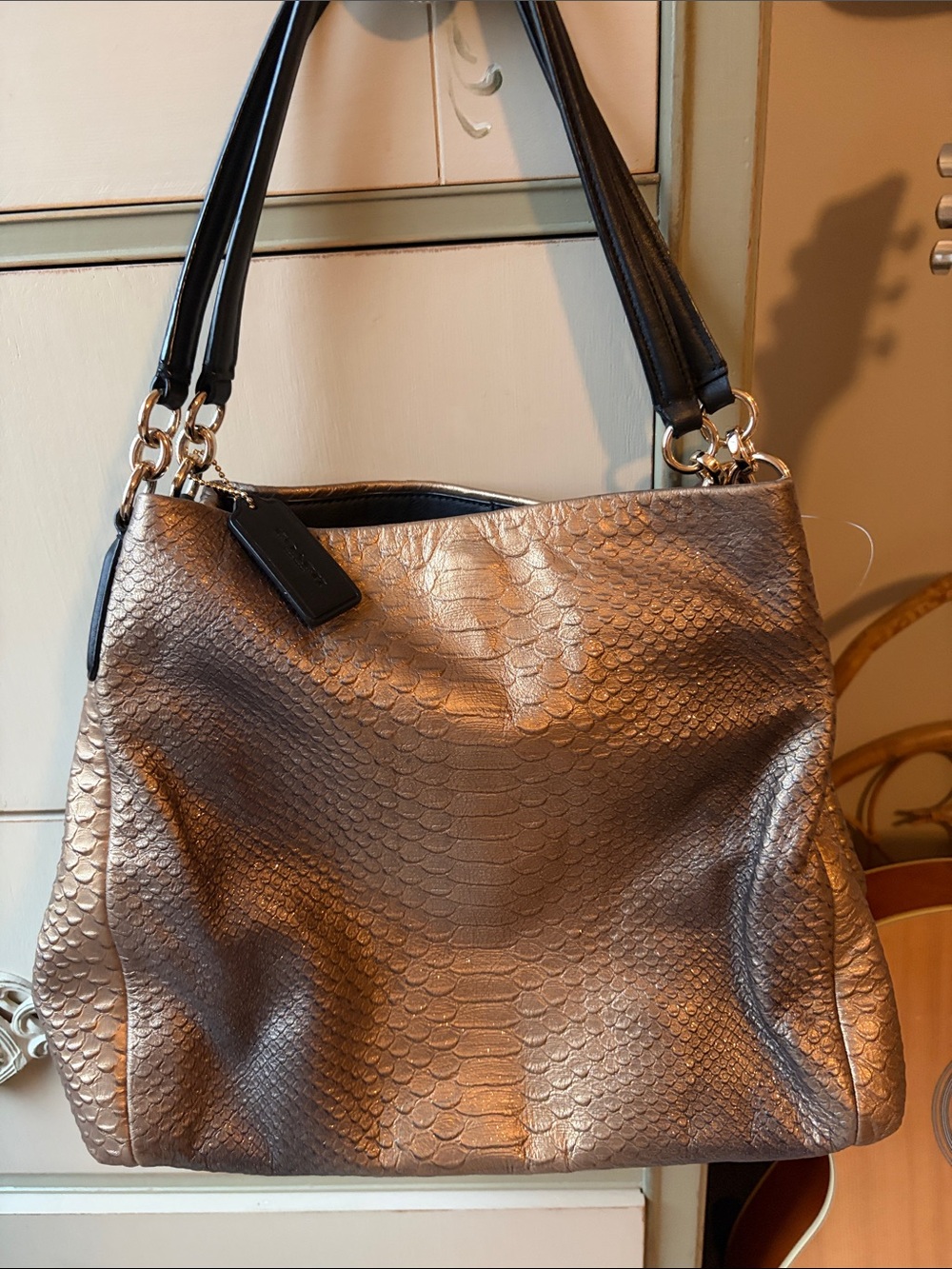 Coach Metallic Bronze Snake-Embossed Shoulder Bag with Black Straps
